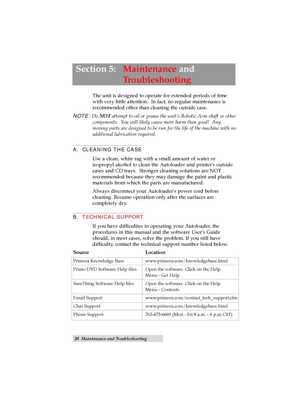 Primera Technology ADL-MAX user manual Maintenance, Cleaning the Case, Technical Support 