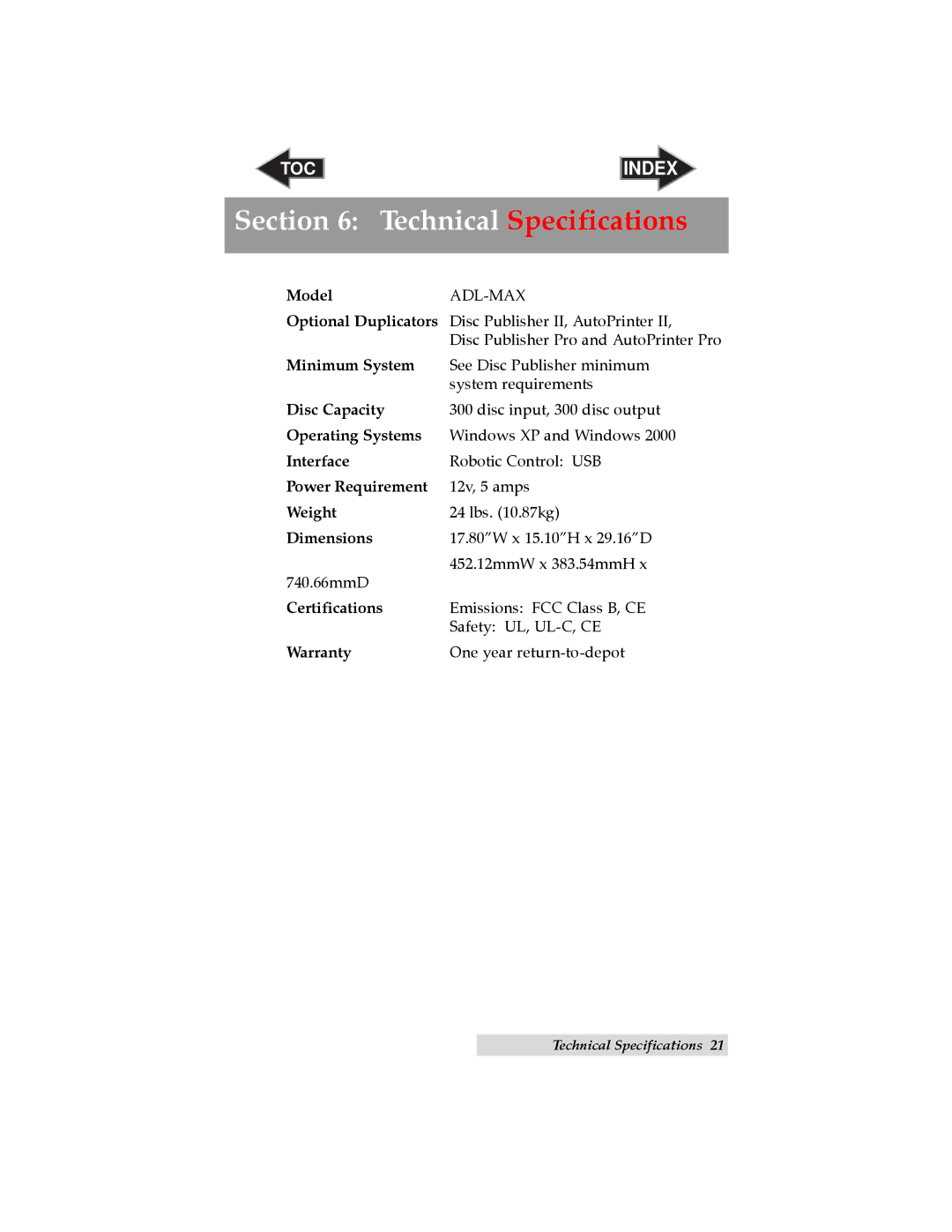 Primera Technology ADL-MAX user manual Technical Specifications 