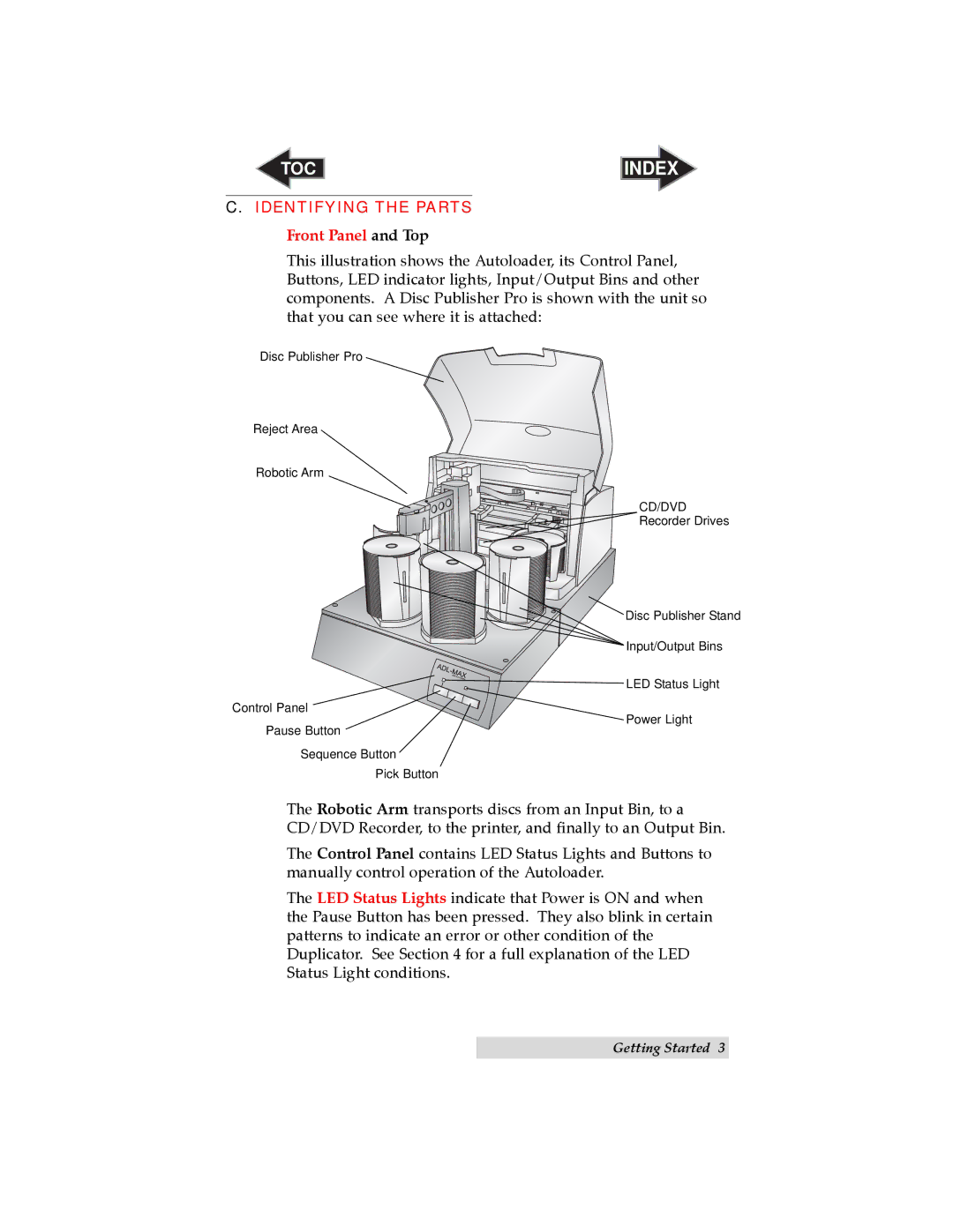 Primera Technology ADL-MAX user manual Identifying the Parts, Front Panel and Top 