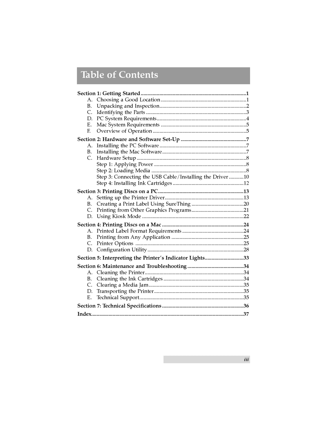 Primera Technology Automated Optical Disc Printing System user manual Table of Contents 