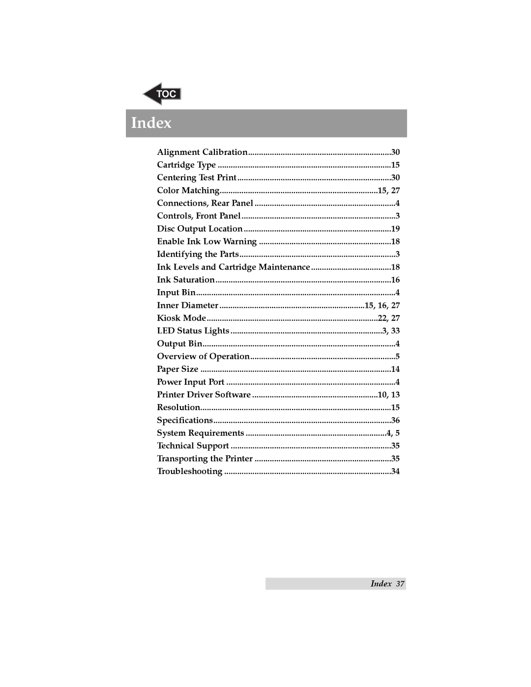 Primera Technology Automated Optical Disc Printing System user manual Index 