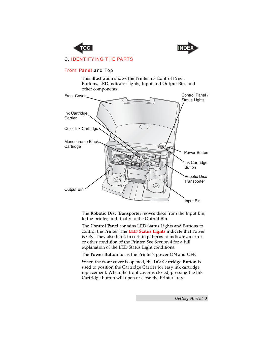 Primera Technology Automated Optical Disc Printing System user manual Identifying the Parts, Front Panel and Top 