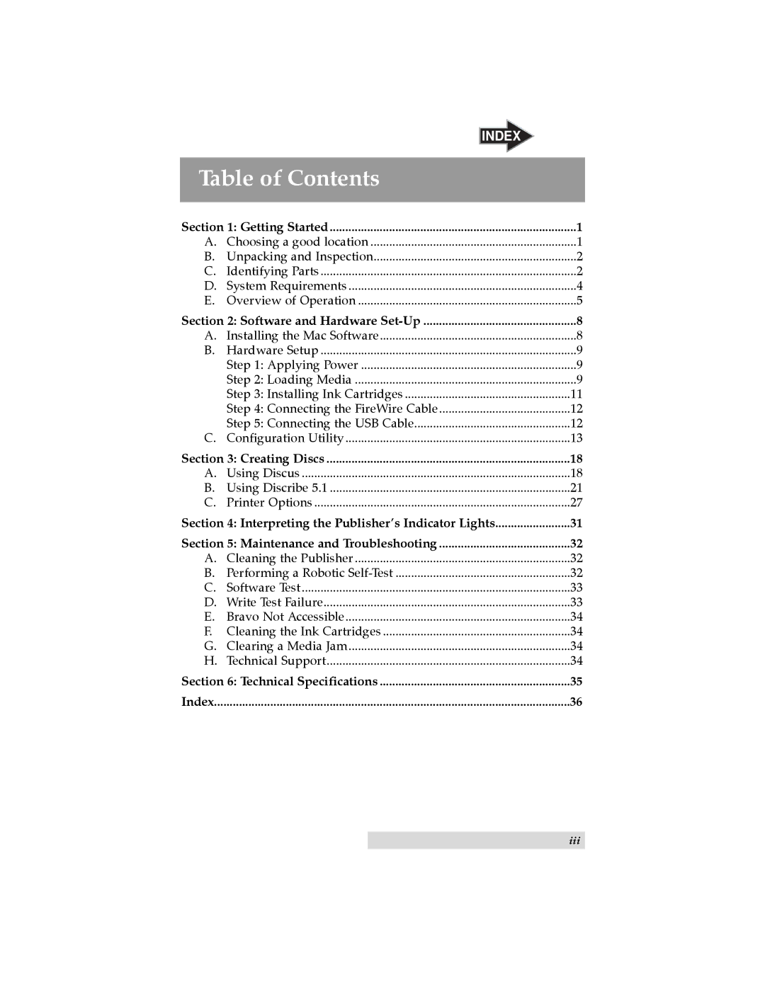 Primera Technology BravoTM user manual Table of Contents 