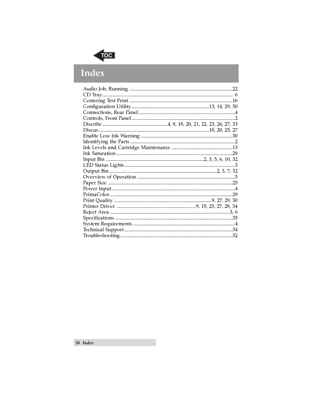 Primera Technology BravoTM user manual Index, 5, 6, 10 