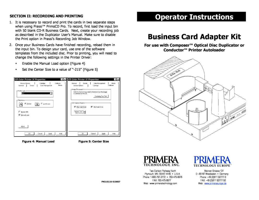 Primera Technology Business Card Adapter Kit user manual Section Ii Recording And Printing, Operator Instructions 