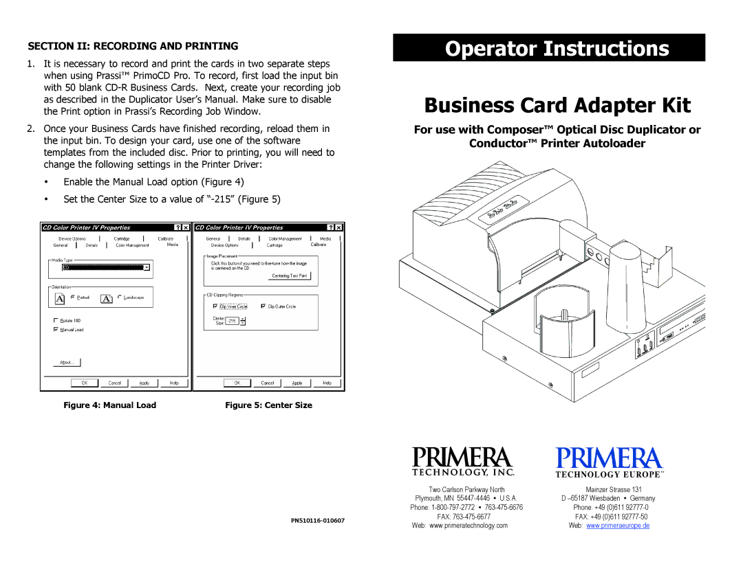 Primera Technology Business Card Adapter Kit user manual Operator Instructions, Section II Recording and Printing 