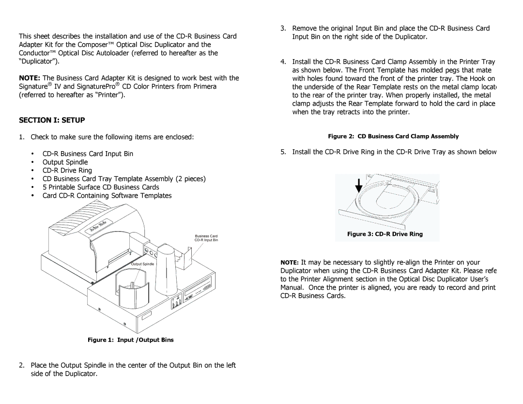 Primera Technology Business Card Adapter Kit user manual Section I Setup, Input /Output Bins 