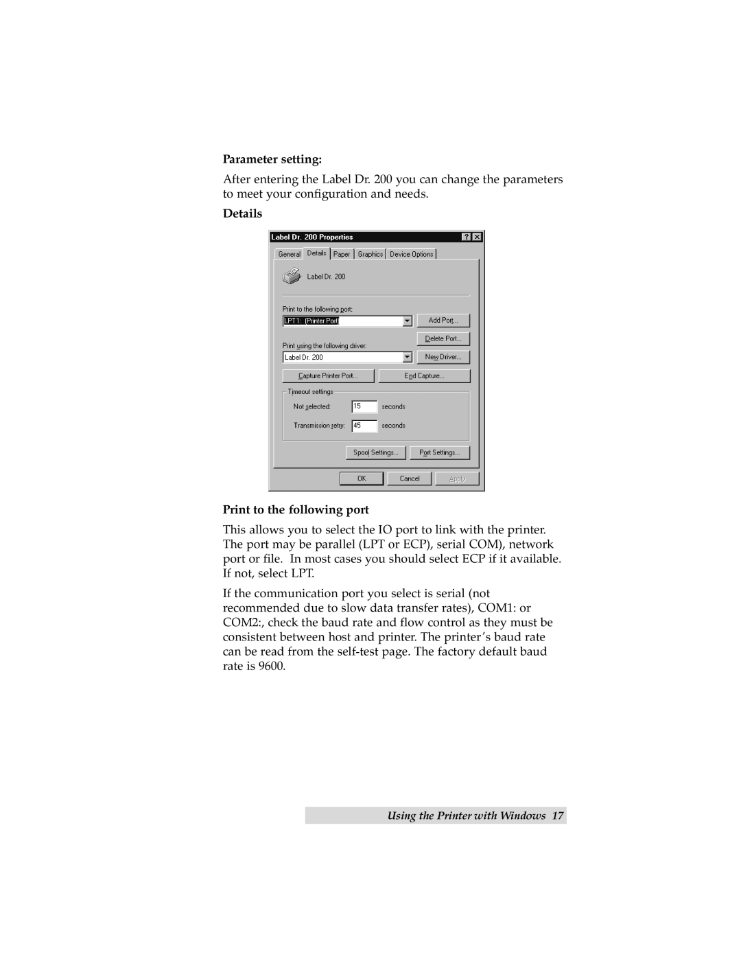 Primera Technology C-1000P manual Parameter setting, Details Print to the following port 