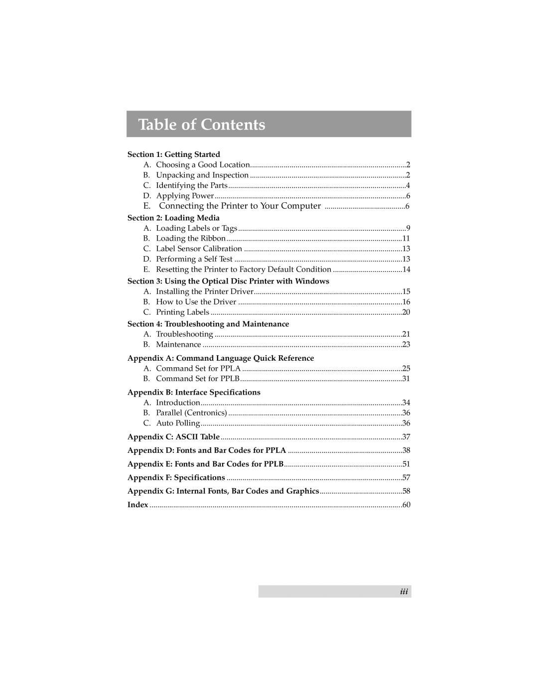 Primera Technology C-1000P manual Table of Contents 