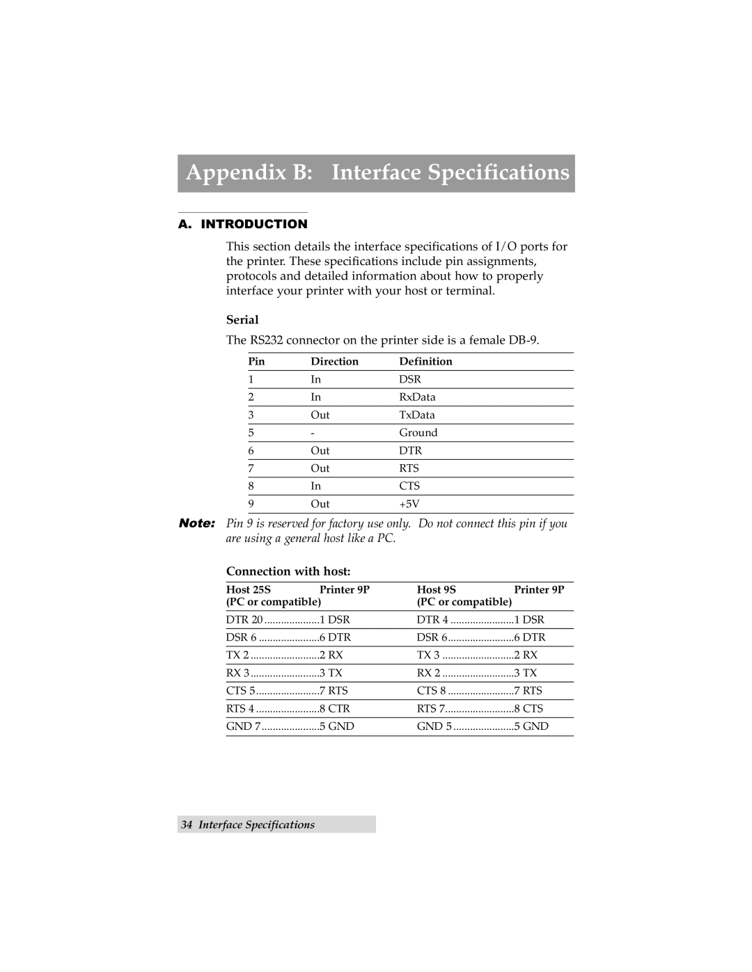 Primera Technology C-1000P manual Appendix B Interface Specifications, Introduction, Serial, Connection with host 