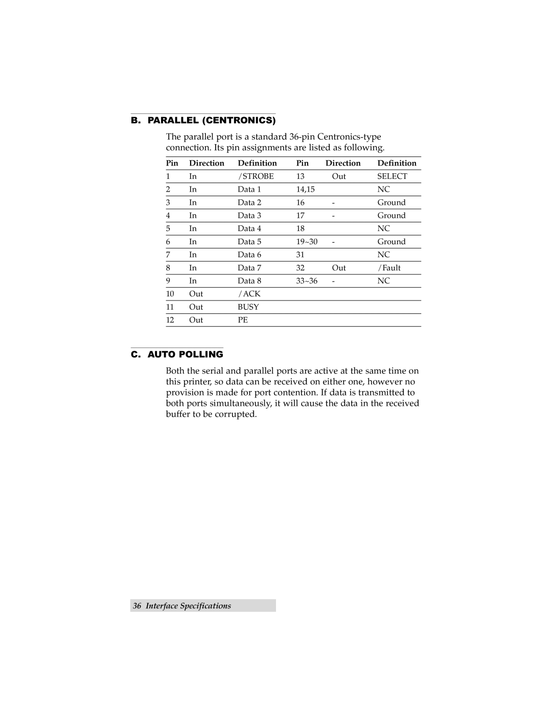 Primera Technology C-1000P manual Parallel Centronics, Auto Polling 