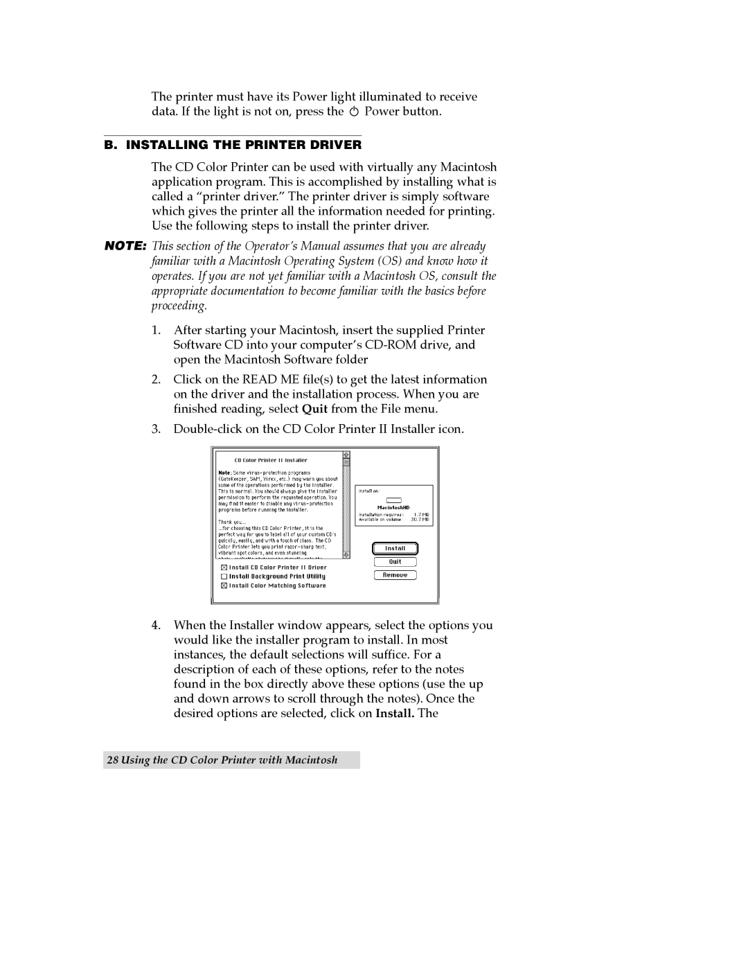 Primera Technology CD Color Printer II manual B. Installing The Printer Driver, Using the CD Color Printer with Macintosh 