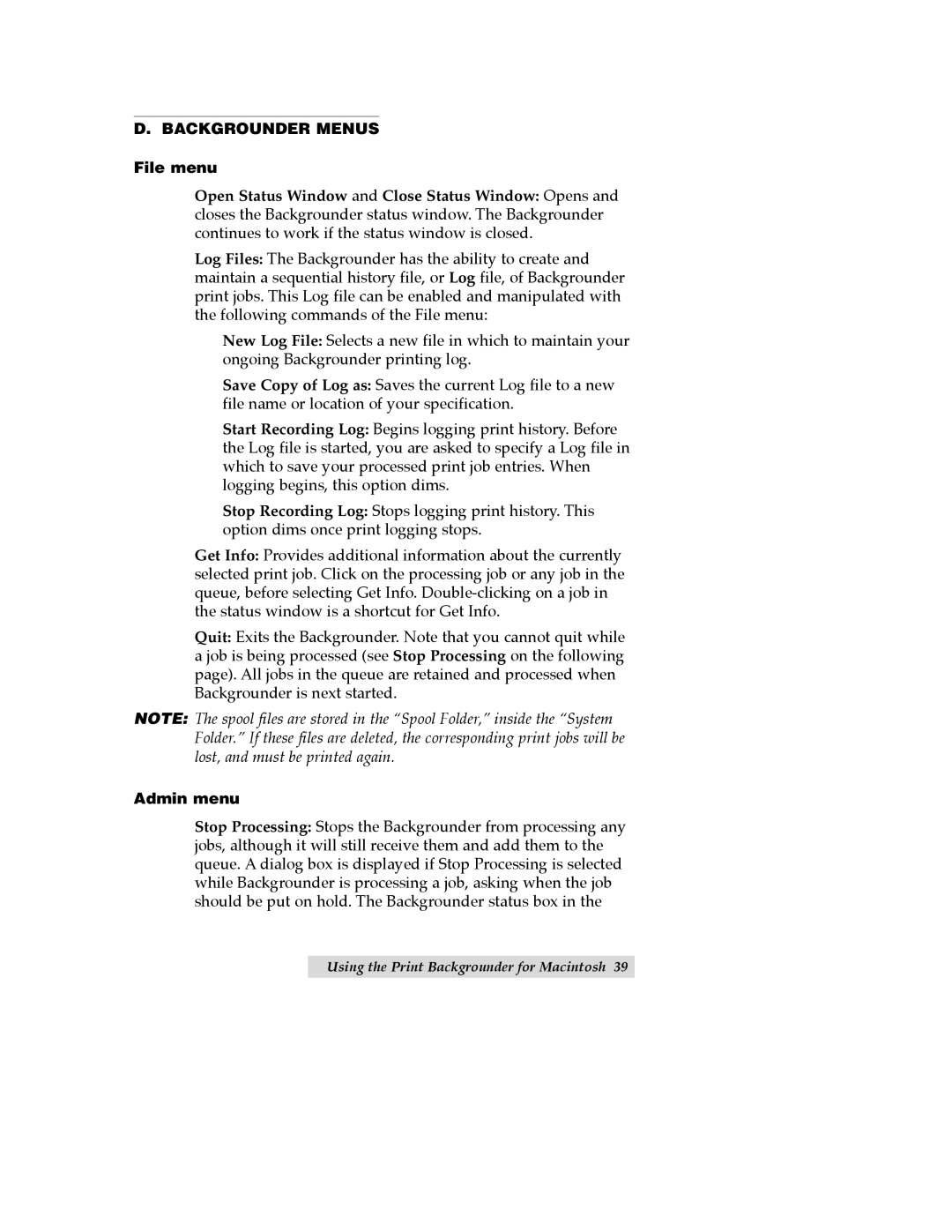 Primera Technology CD Color Printer II manual D. BACKGROUNDER MENUS File menu, Admin menu 