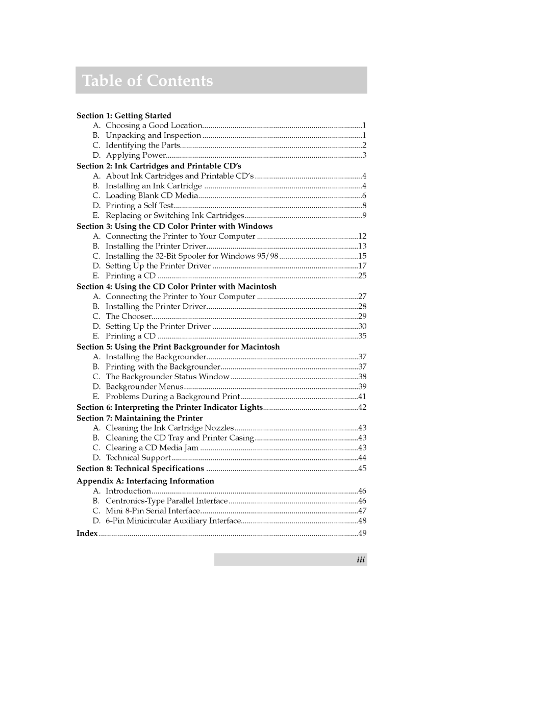 Primera Technology CD Color Printer II manual Table of Contents 