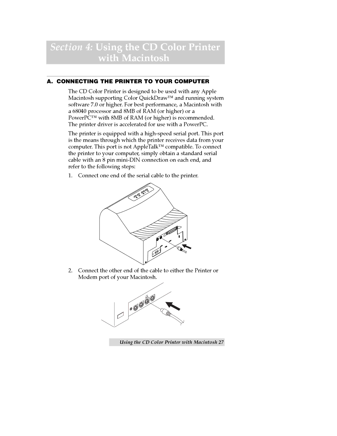 Primera Technology CD Color Printer II Using the CD Color Printer With Macintosh, Connecting the Printer to Your Computer 