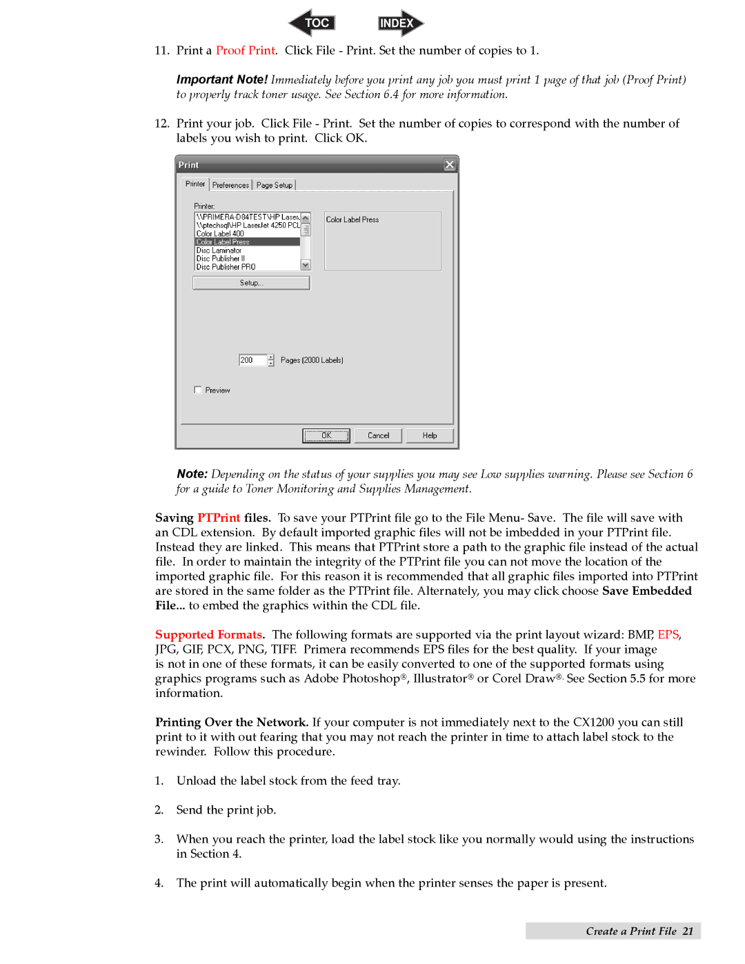 Primera Technology CX1200 specifications TOC Index 