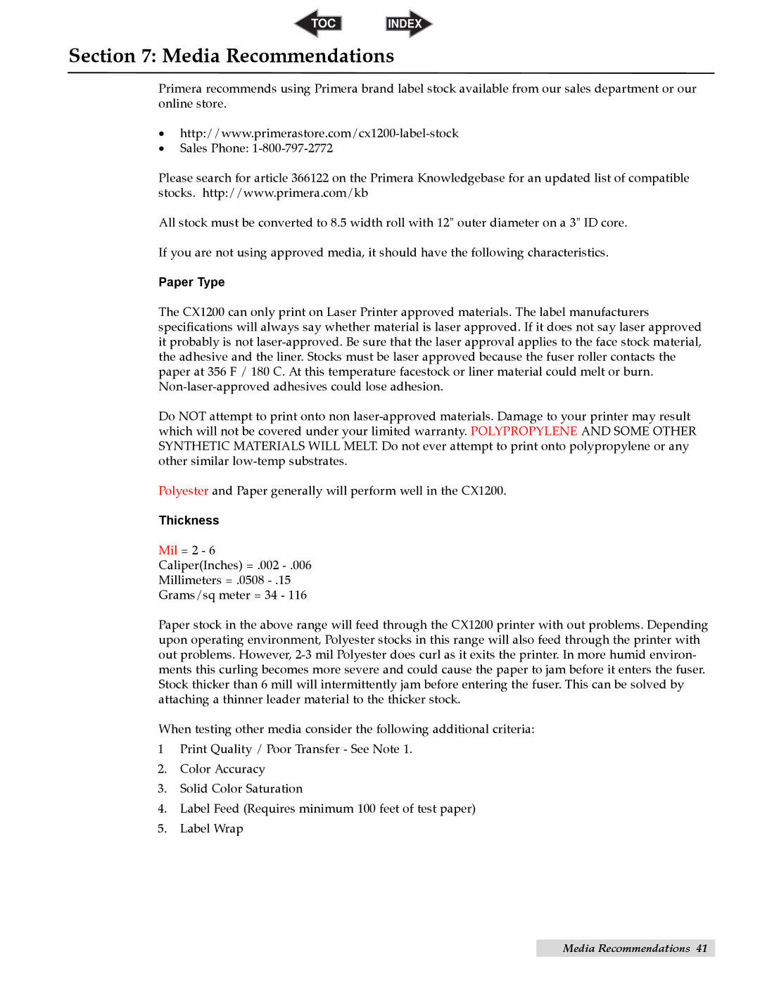 Primera Technology CX1200 specifications Media Recommendations, Paper Type 