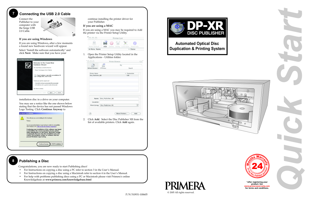 Primera Technology DP-XR quick start Connecting the USB 2.0 Cable, Publishing a Disc, Start, Quick, 24 s, Autoprinter 