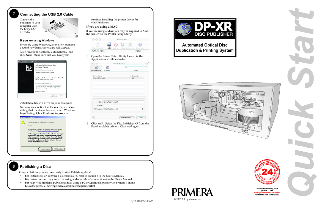 Primera Technology DP-XR quick start Connecting the USB 2.0 Cable, Publishing a Disc, If you are using Windows 