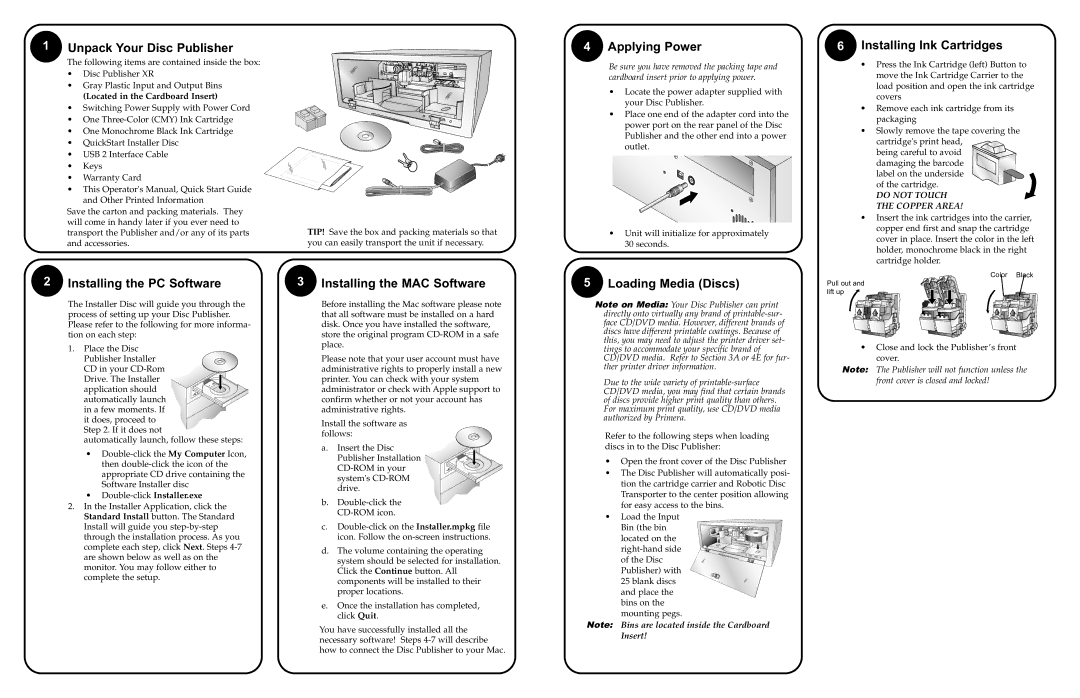 Primera Technology DP-XR Unpack Your Disc Publisher, Applying Power, Installing Ink Cartridges, Loading Media Discs 