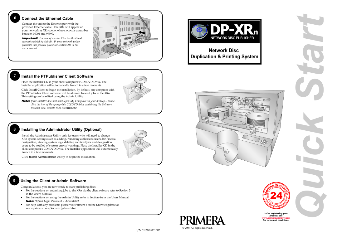 Primera Technology DP=-XRn quick start Connect the Ethernet Cable, Install the PTPublisher Client Software, Start, Quick 