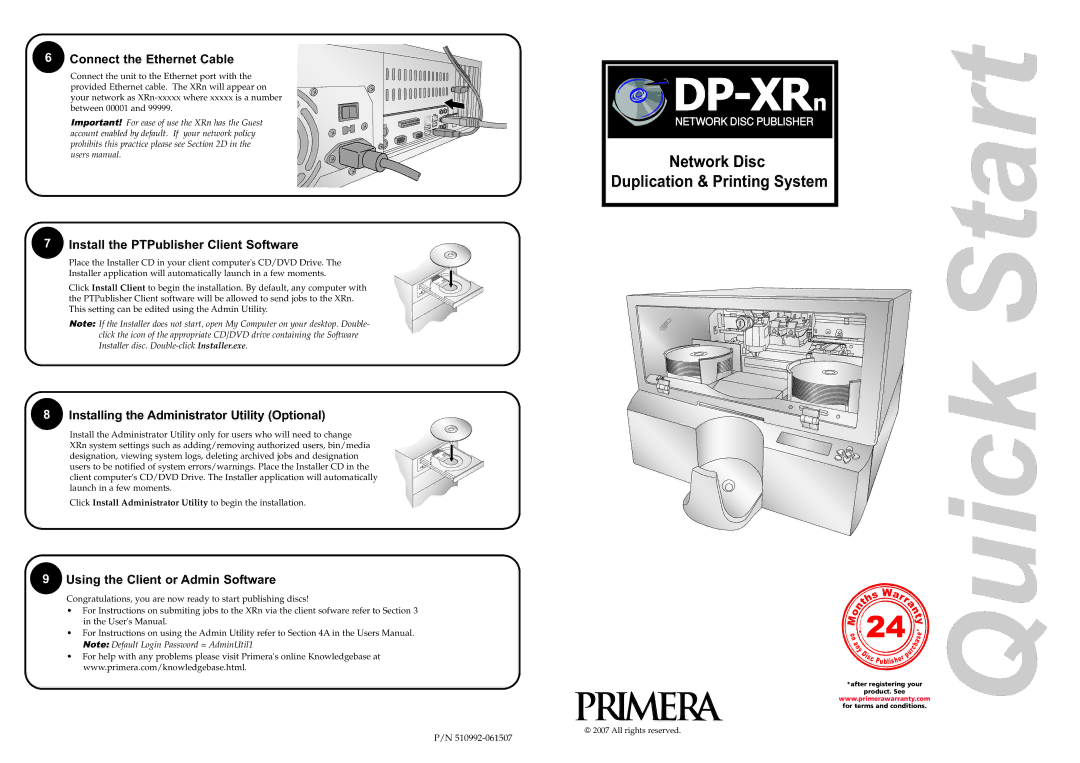 Primera Technology DP=-XRn quick start Connect the Ethernet Cable, Install the PTPublisher Client Software 