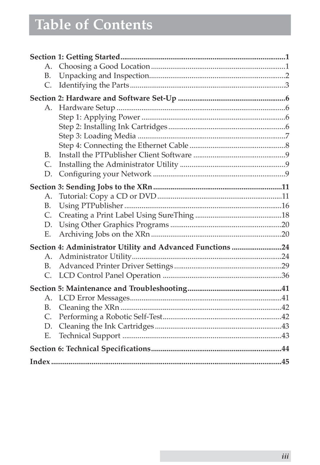 Primera Technology DP-XRn user manual Table of Contents 