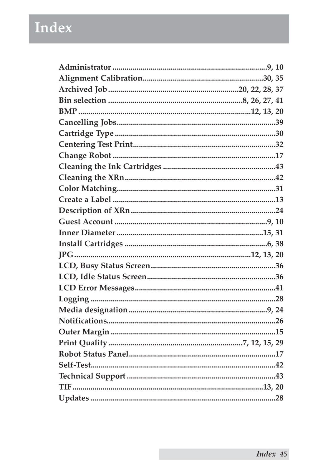 Primera Technology DP-XRn user manual Index, Archived Job 20, 22, 28 Bin selection 26, 27, 12, 13, Print Quality 12, 15 