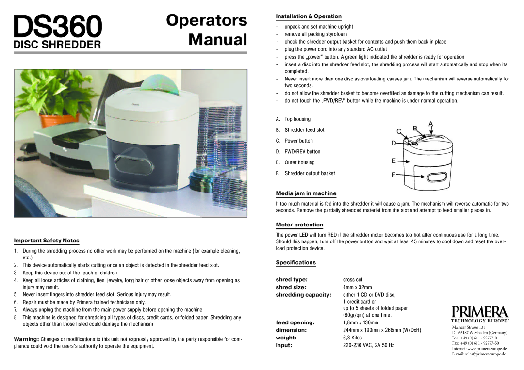 Primera Technology DS360 specifications Operators Manual 