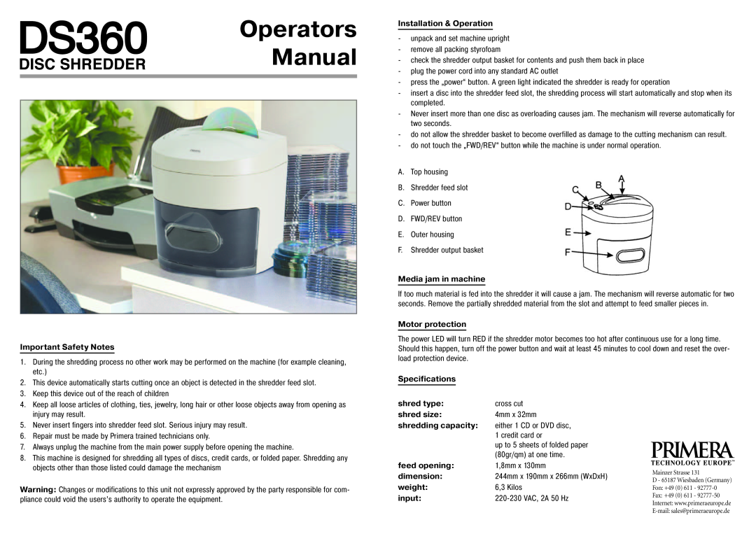 Primera Technology DS360 specifications Operators Manual 
