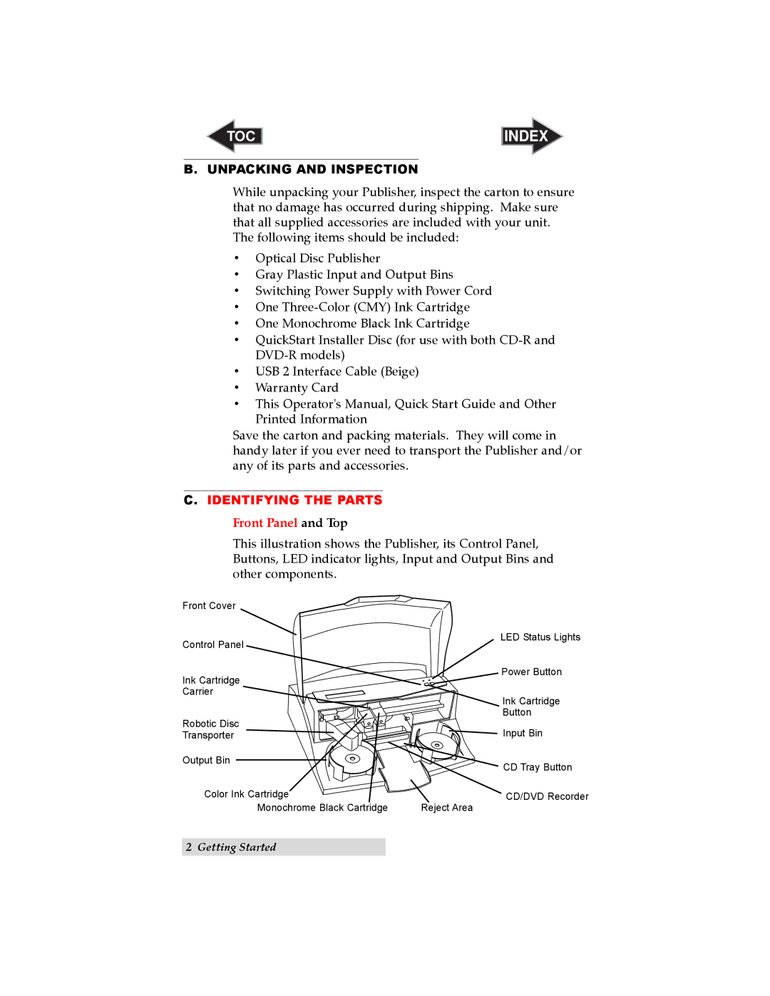 Primera Technology II user manual Unpacking and Inspection, Identifying the Parts 