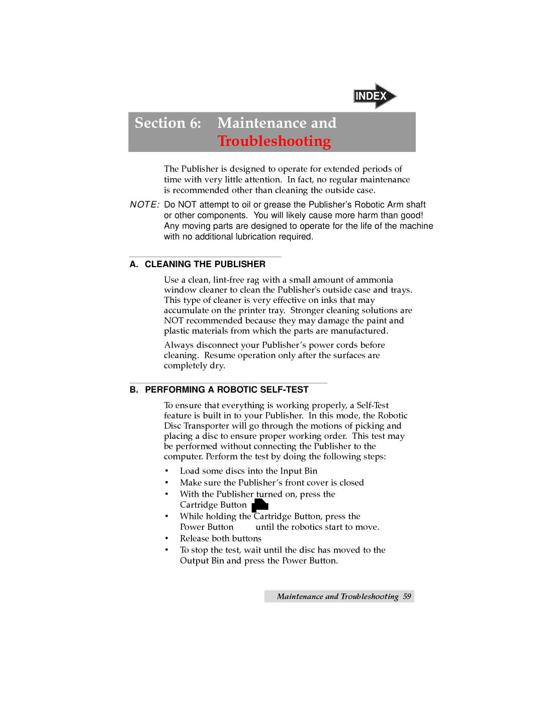 Primera Technology II user manual Cleaning the Publisher, Performing a Robotic SELF-TEST 