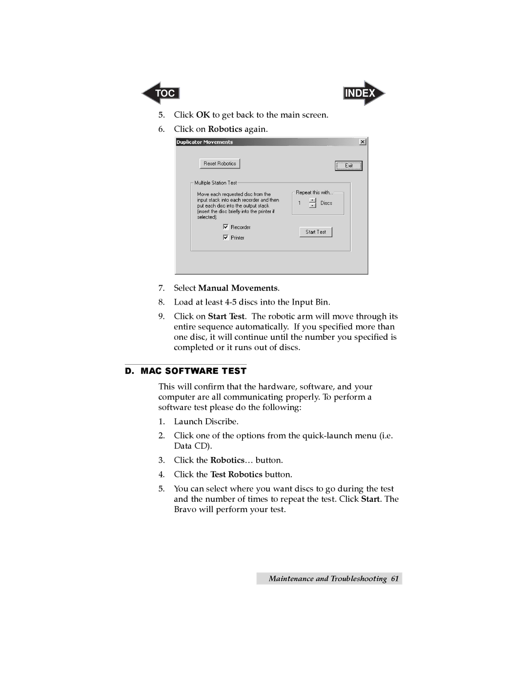 Primera Technology II user manual Select Manual Movements, MAC Software Test 