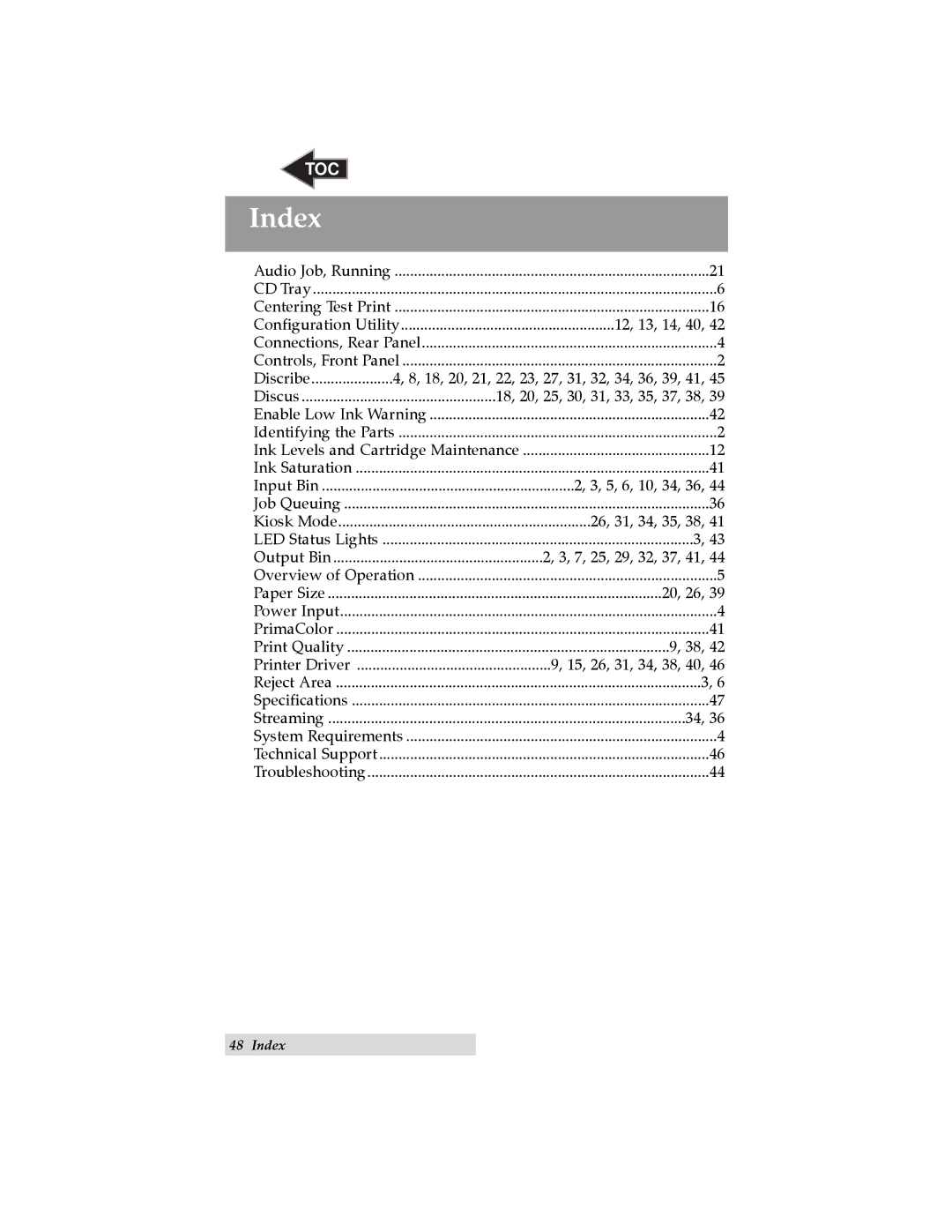 Primera Technology II user manual Index 