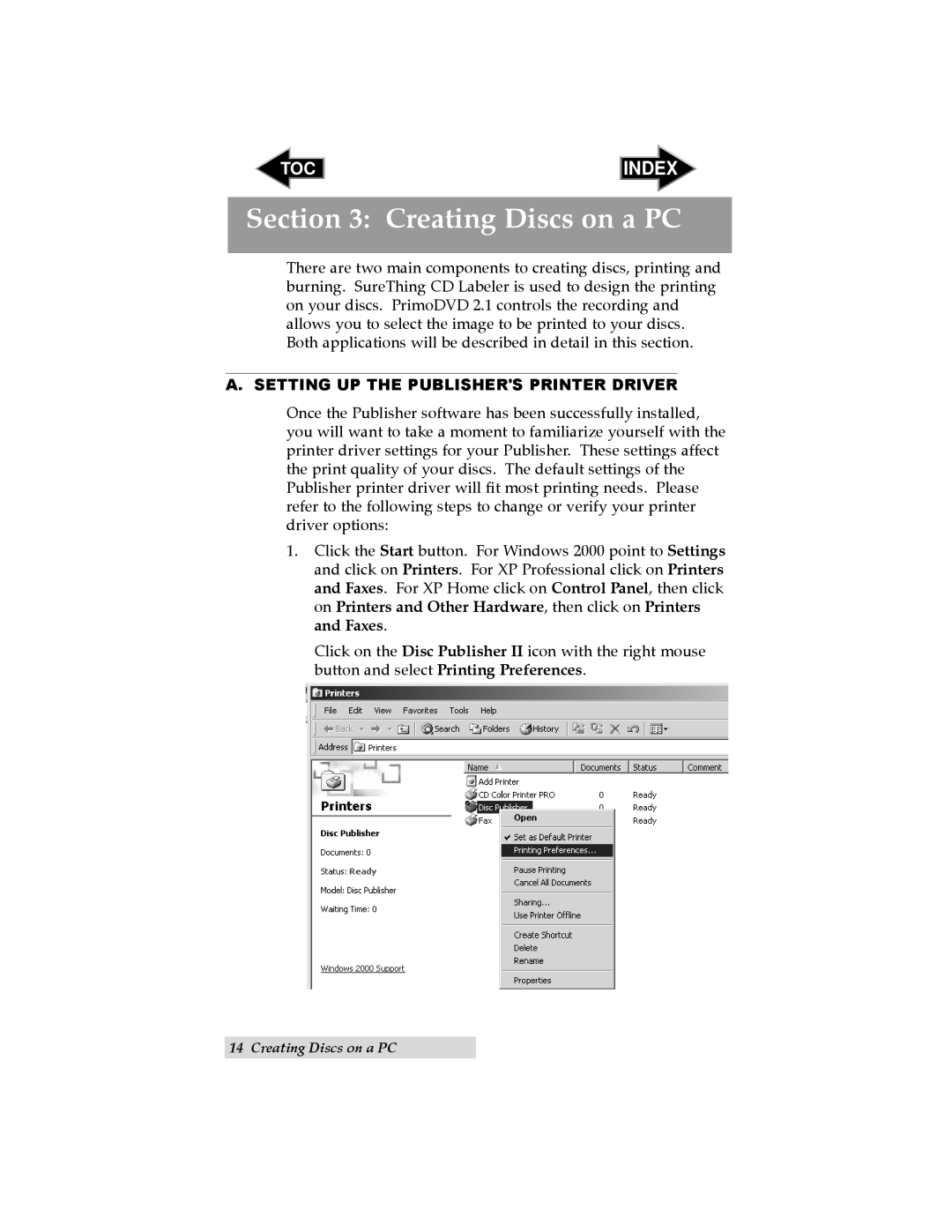 Primera Technology II user manual Creating Discs on a PC, Index, A. Setting Up The Publishers Printer Driver 