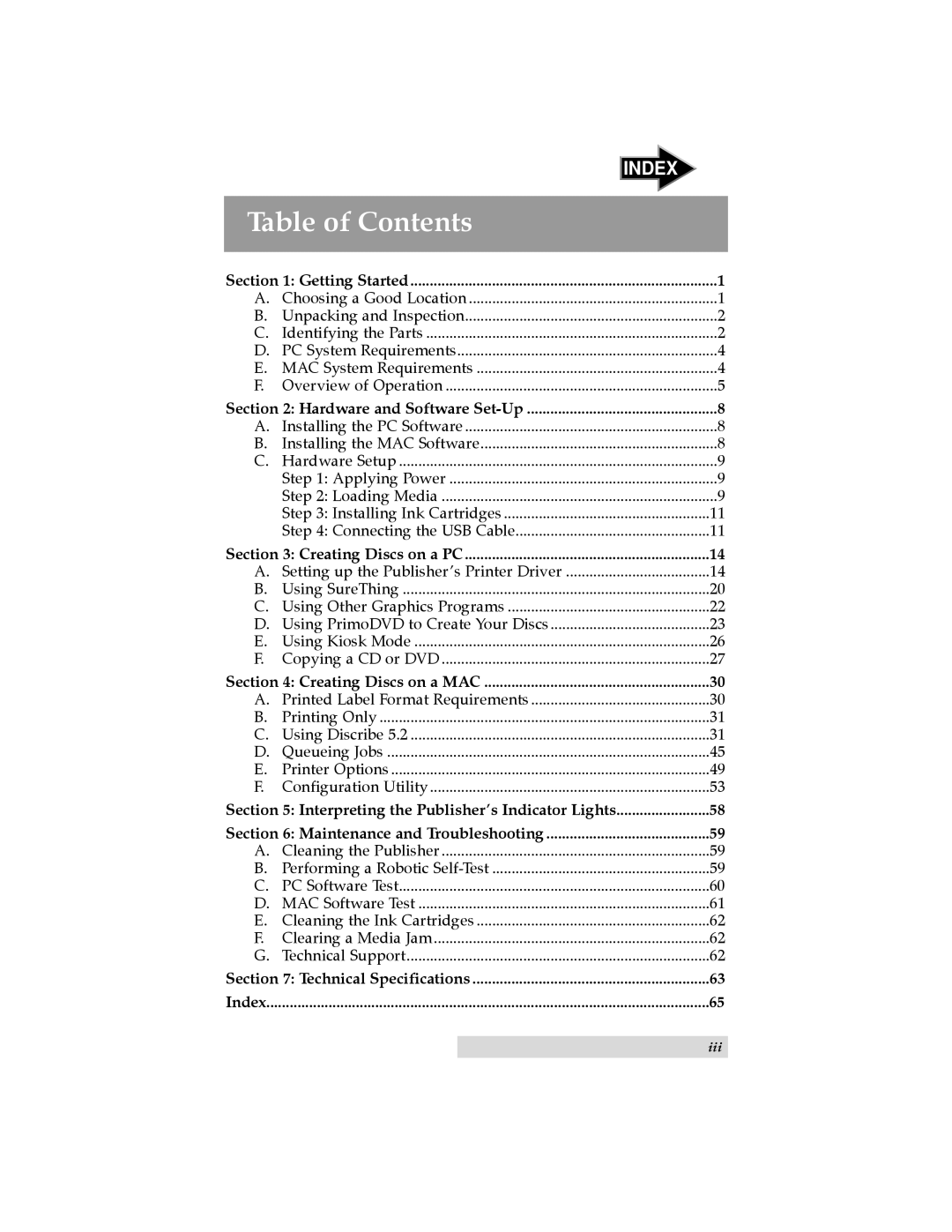 Primera Technology II user manual Table of Contents, Index 