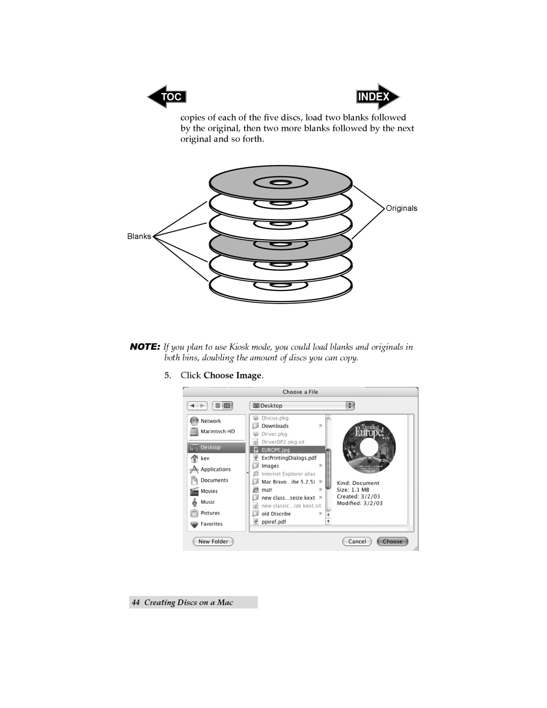 Primera Technology II user manual Index, Click Choose Image, Creating Discs on a Mac 