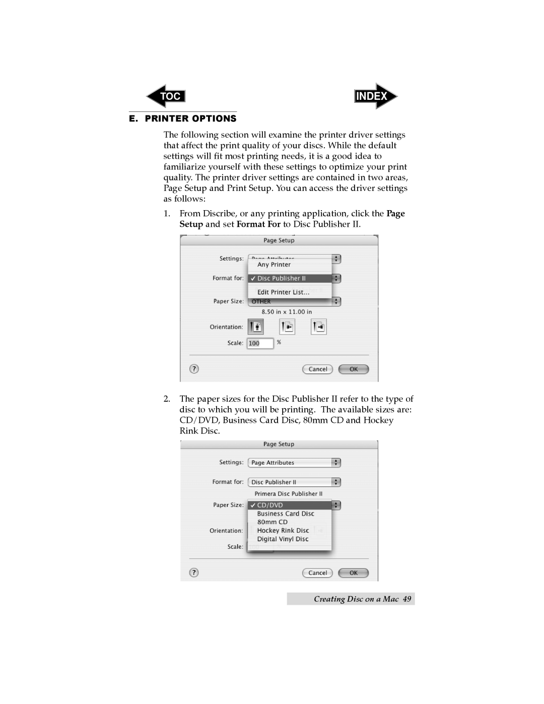 Primera Technology II user manual Index, E. Printer Options 