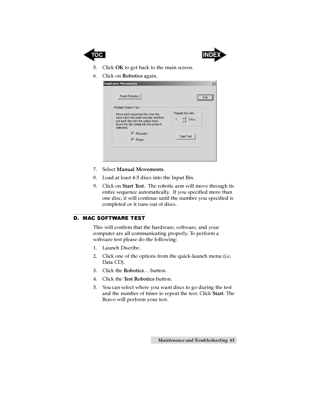 Primera Technology II user manual Index, Select Manual Movements, D.Mac Software Test 