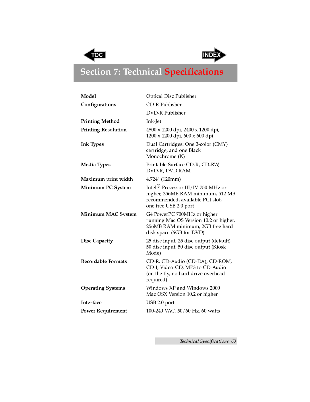 Primera Technology II user manual Technical Specifications, Index 