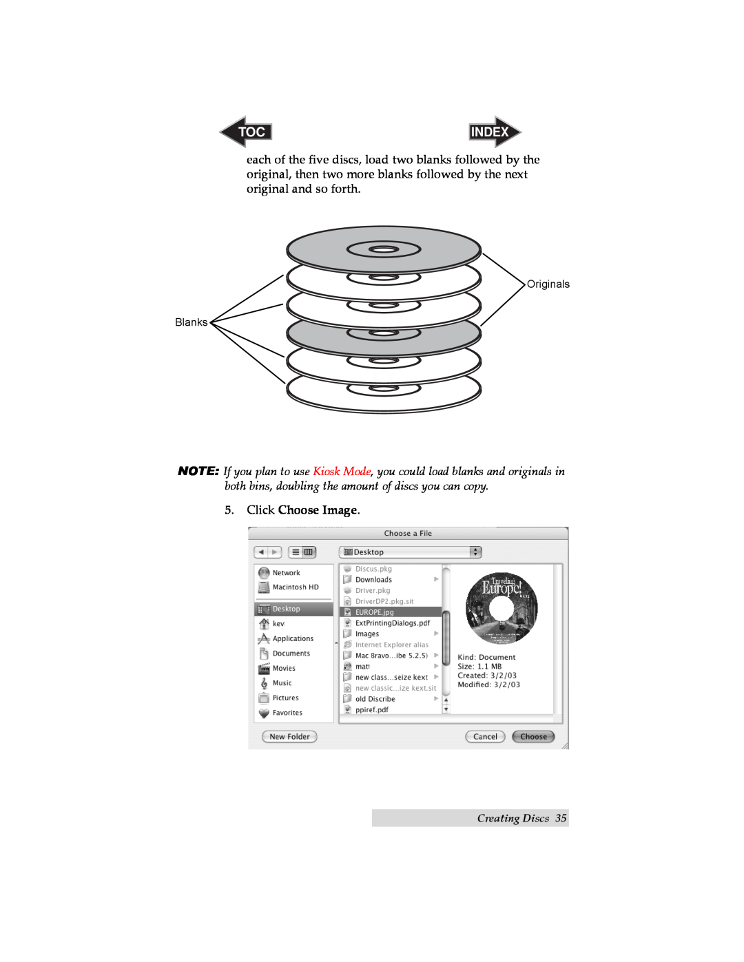 Primera Technology II user manual Index, Click Choose Image, Originals Blanks, Creating Discs 