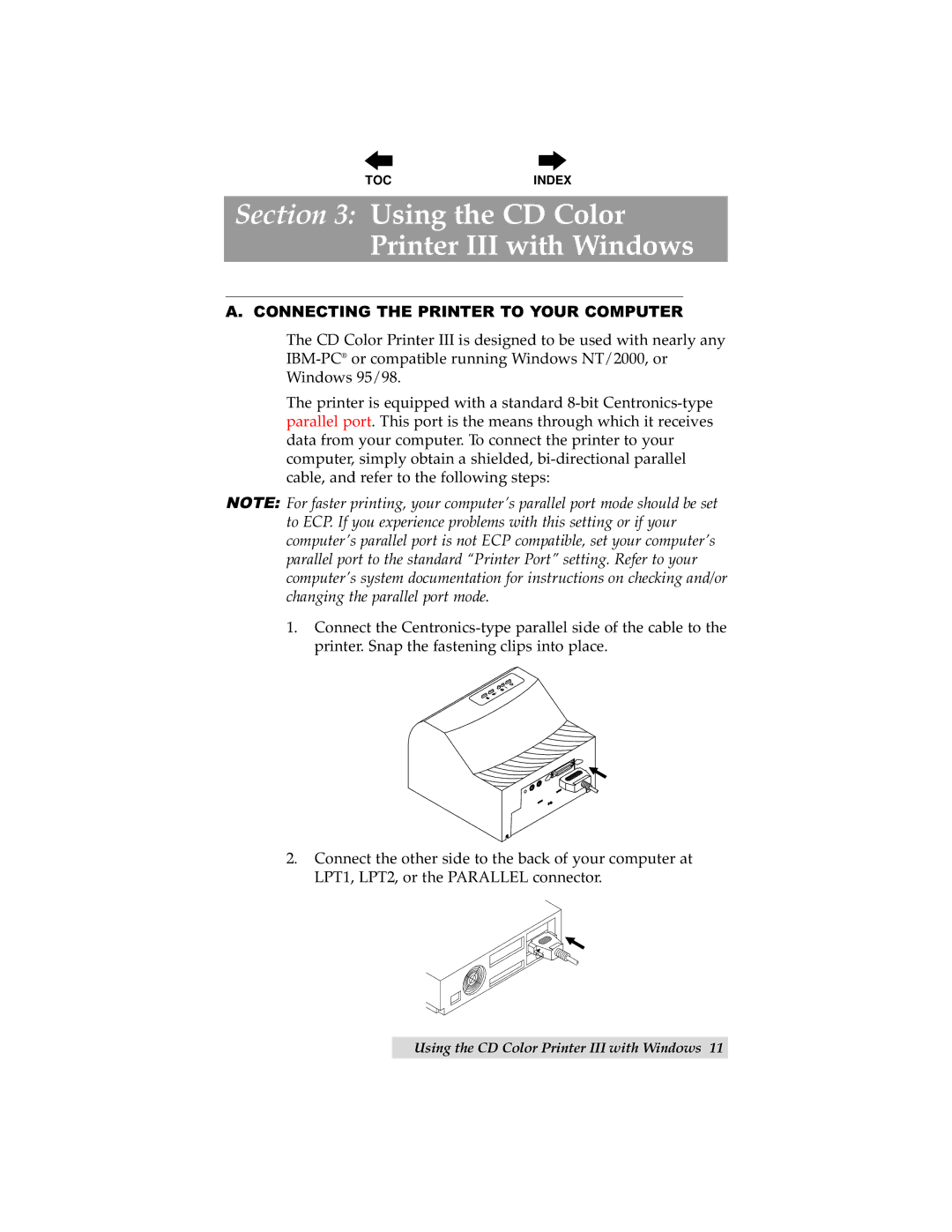 Primera Technology manual Using the CD Color Printer III with Windows, Connecting the Printer to Your Computer 