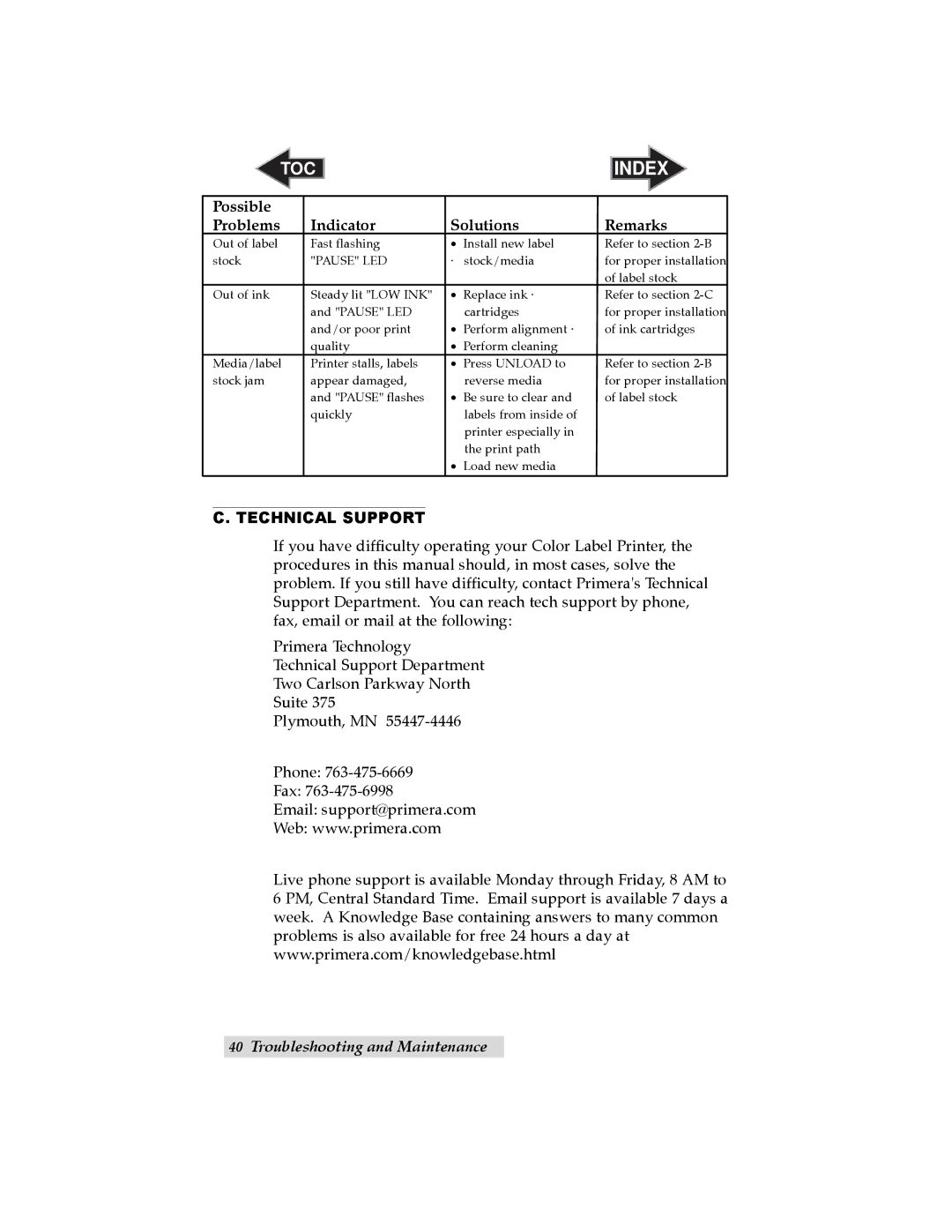 Primera Technology LX 810 user manual Technical Support, Pause LED 