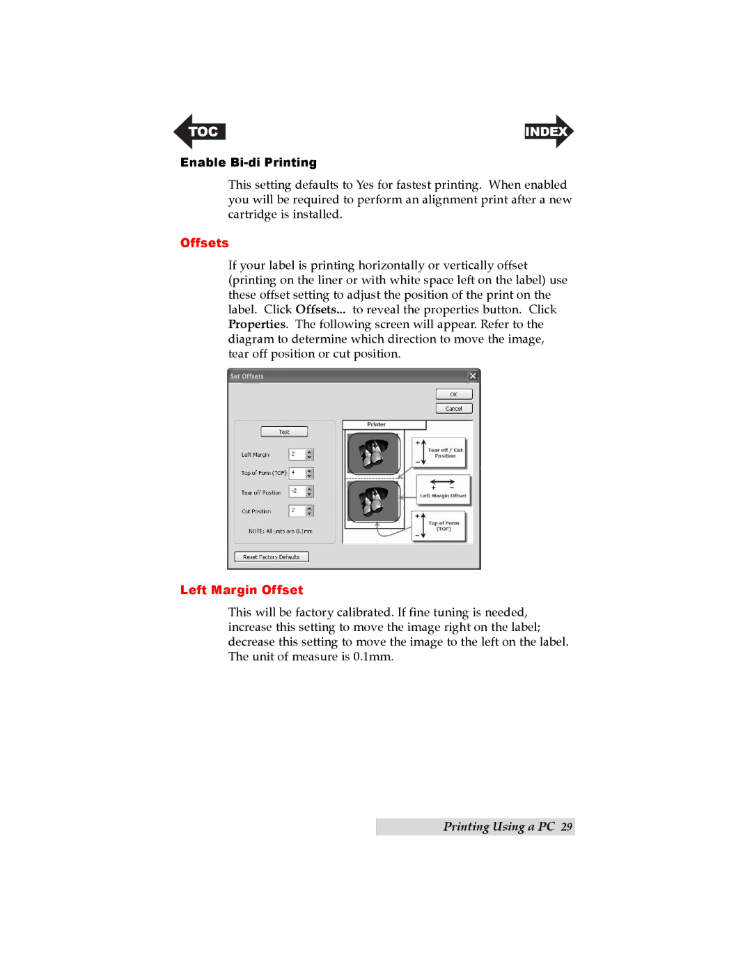 Primera Technology LX200 user manual Enable Bi-di Printing, Offsets, Left Margin Offset 