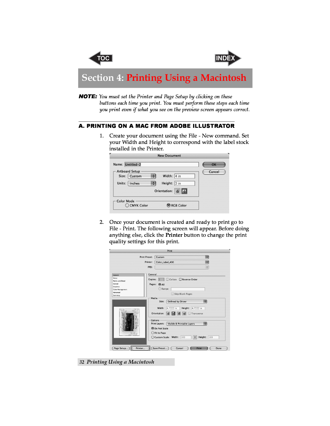 Primera Technology LX400 user manual Printing Using a Macintosh, A. Printing On A Mac From Adobe Illustrator, Index 