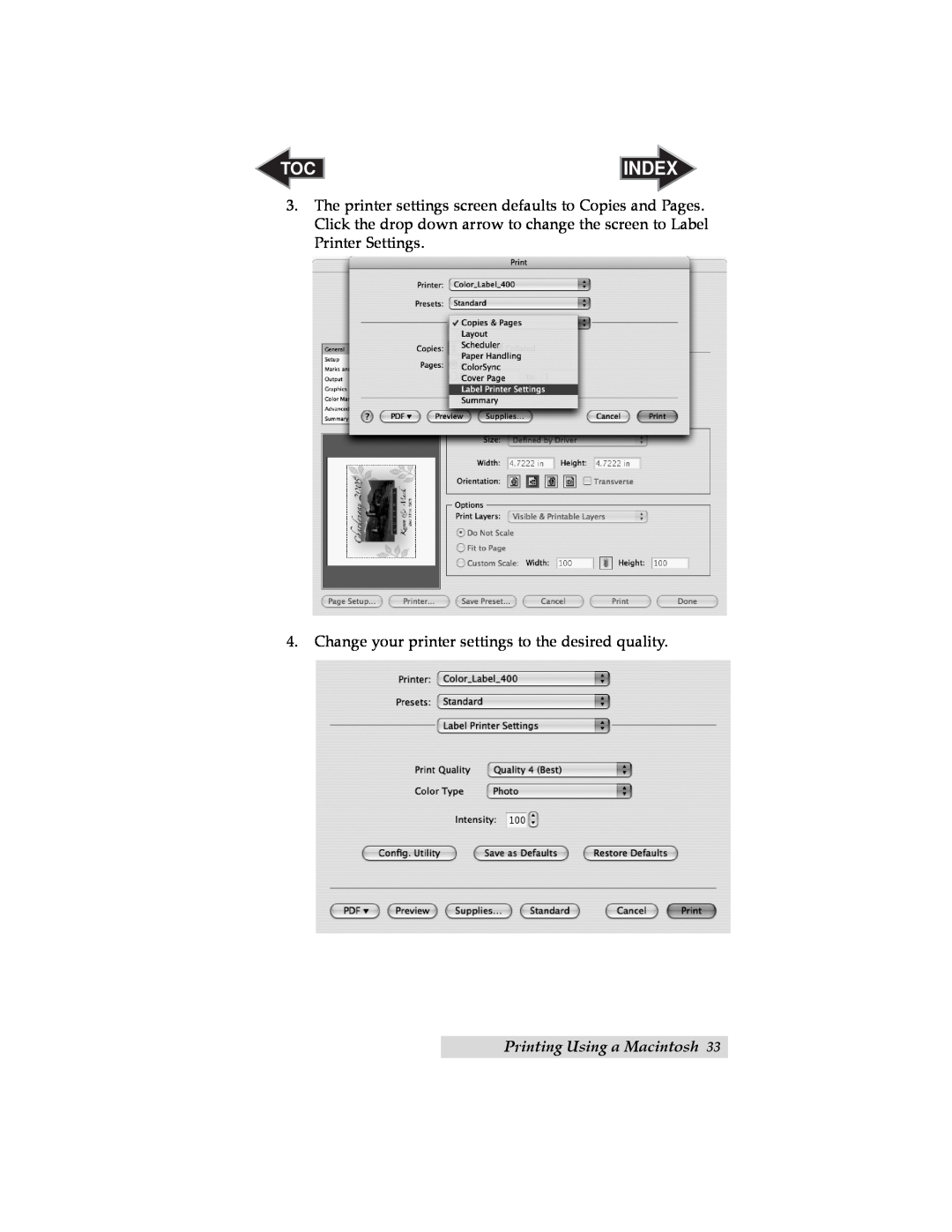 Primera Technology LX400 user manual Printing Using a Macintosh, Index, Change your printer settings to the desired quality 