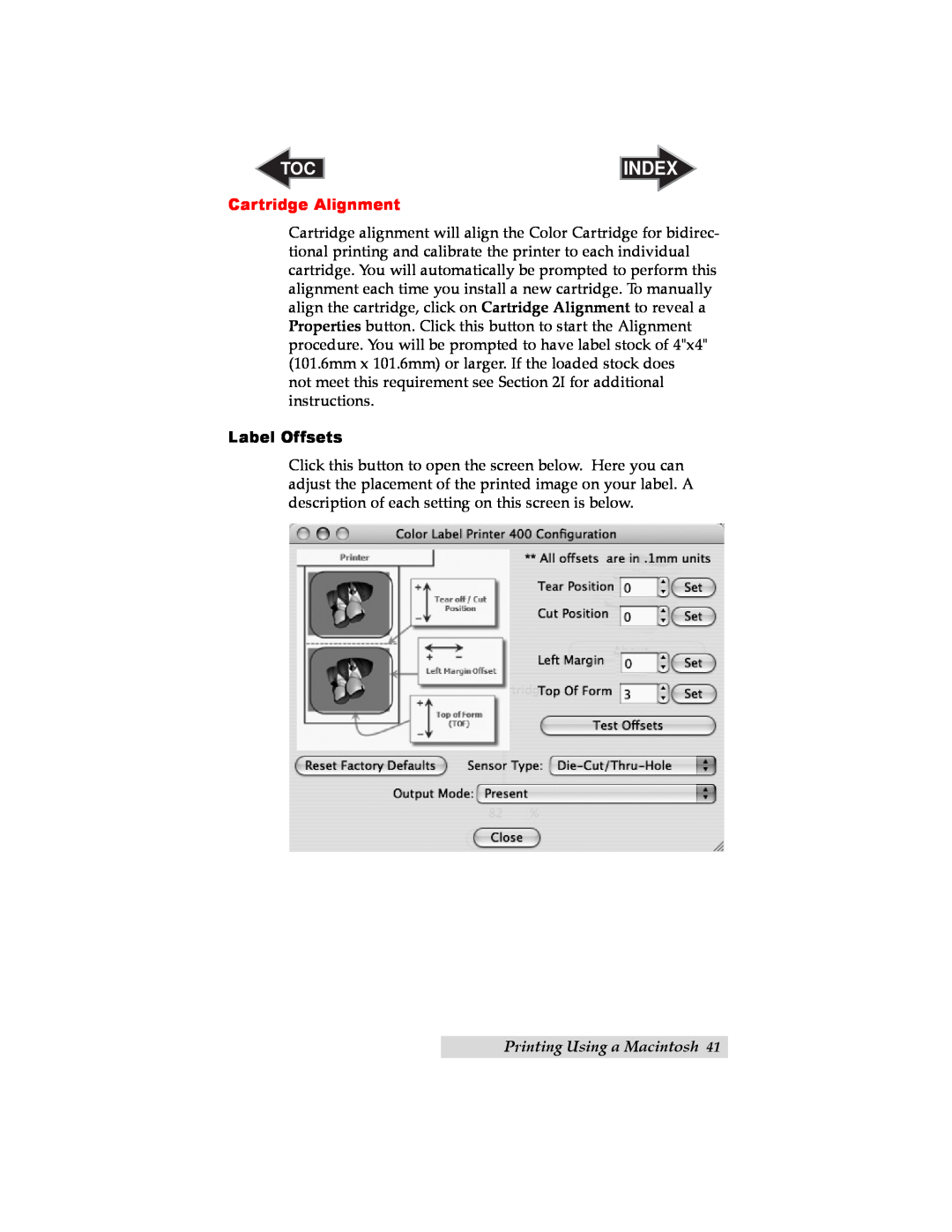 Primera Technology LX400 user manual Label Offsets, Index, Cartridge Alignment, Printing Using a Macintosh 