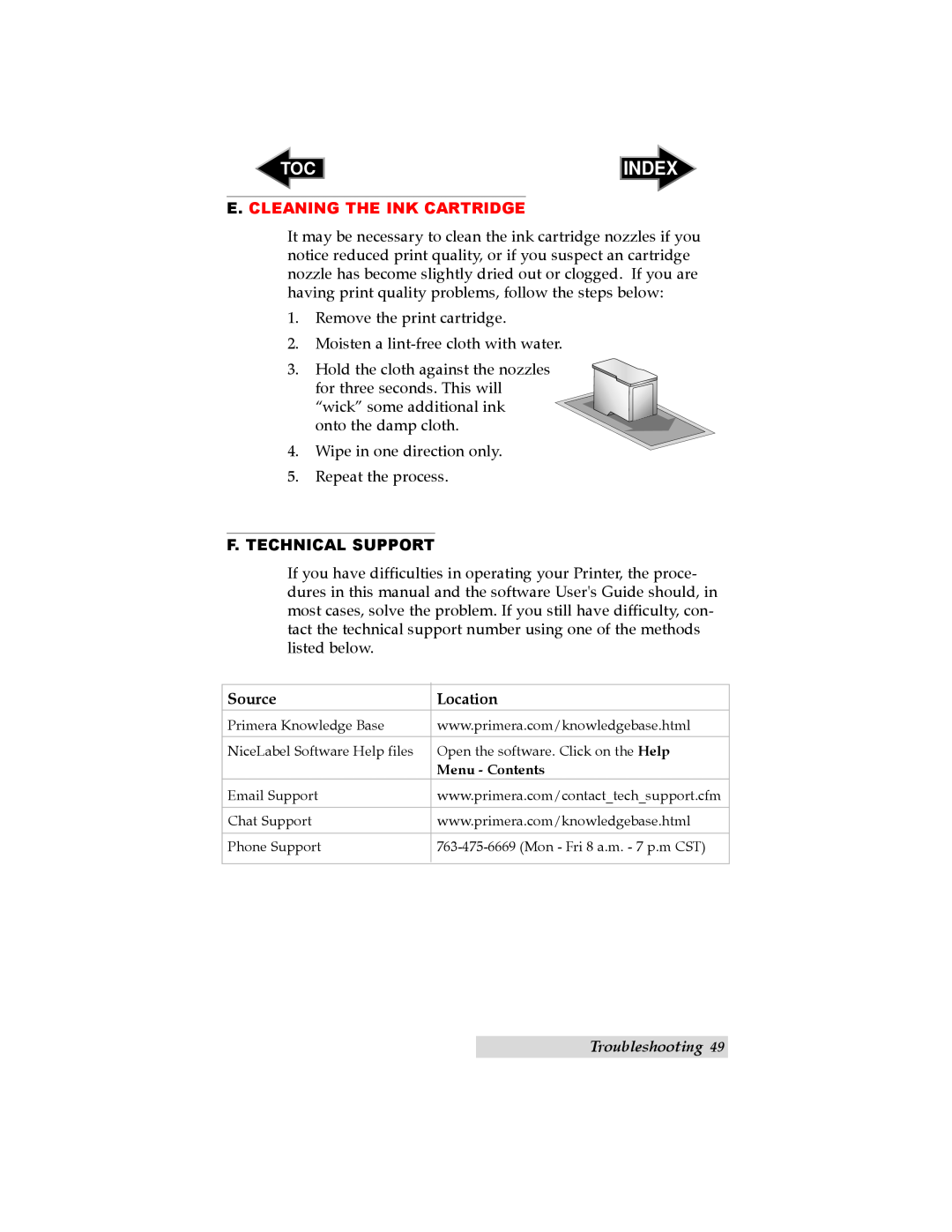 Primera Technology LX400 E. Cleaning The Ink Cartridge, F. Technical Support, Index, Source, Location, Troubleshooting 