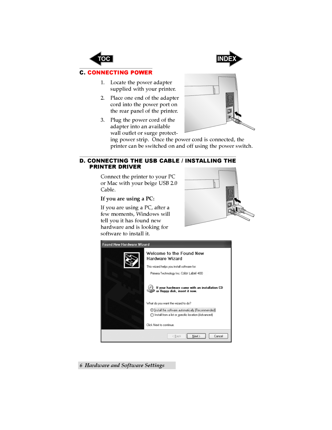 Primera Technology LX400 Connecting Power, Connecting the USB Cable / Installing the Printer Driver, If you are using a PC 