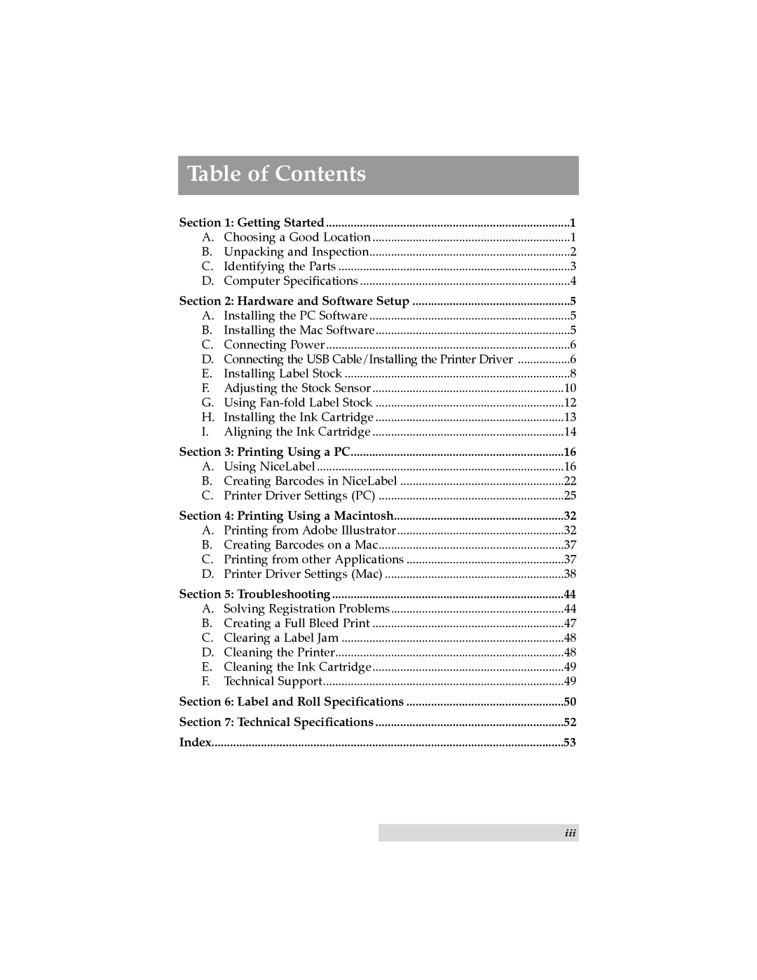 Primera Technology LX400 user manual Table of Contents 